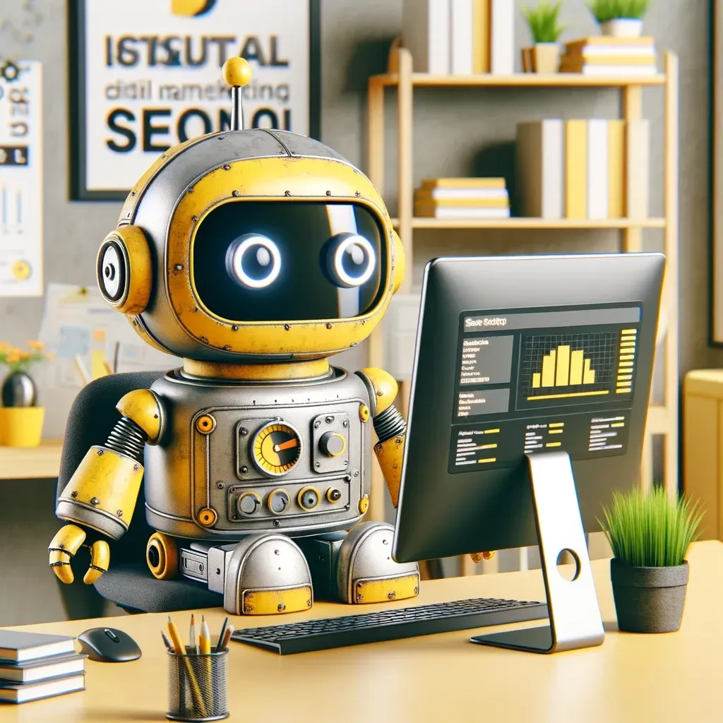 a robot sits at a desk with a computer and a sign that says seo