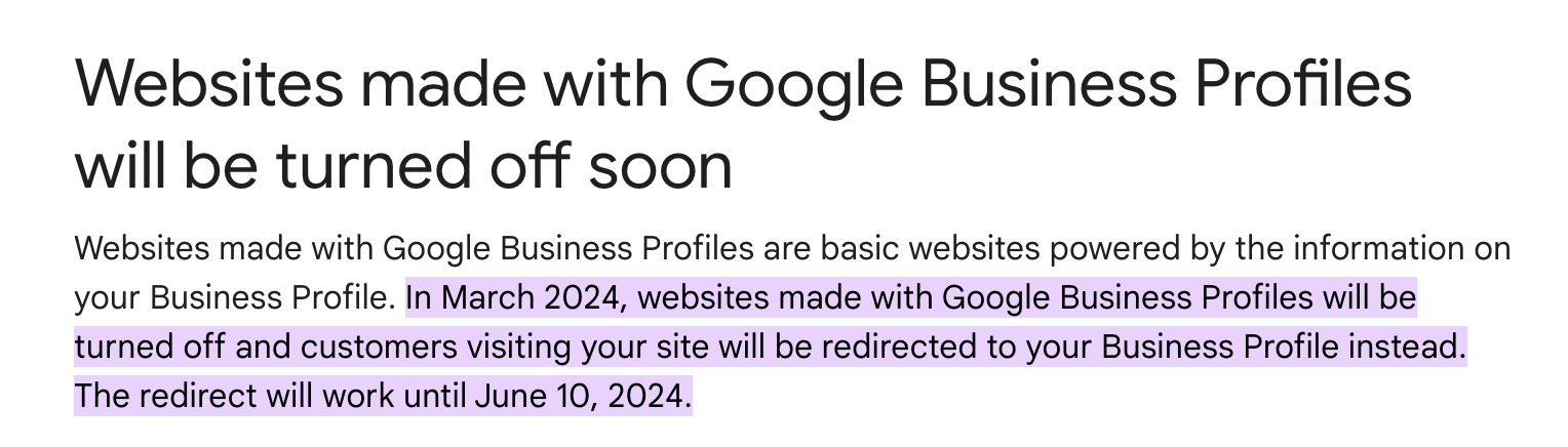 a text that says websites made with google business profiles will be turned off soon