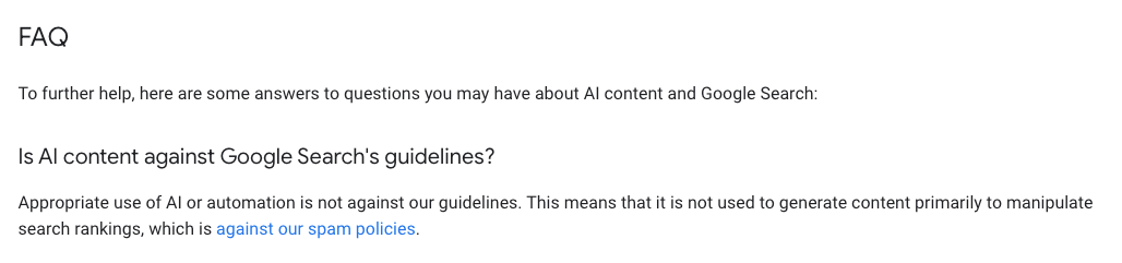 screen shot of google's policy on AI content and Search guidelines