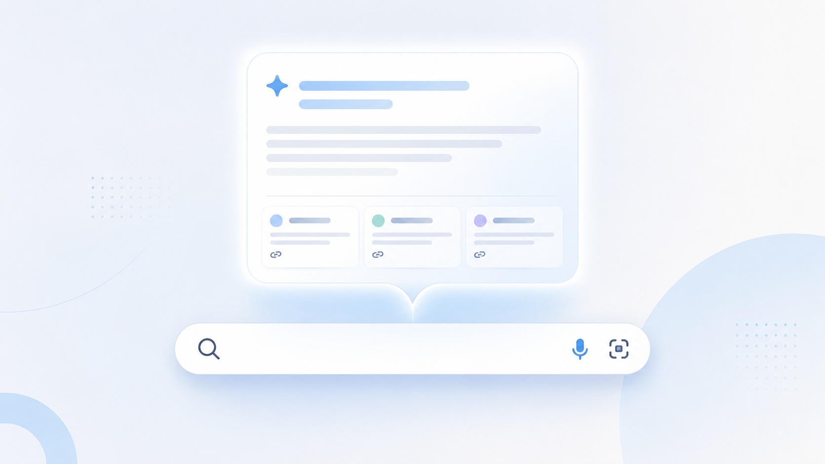 Illustration of a Google search bar with an AI-generated answer overlay showing summarized results 