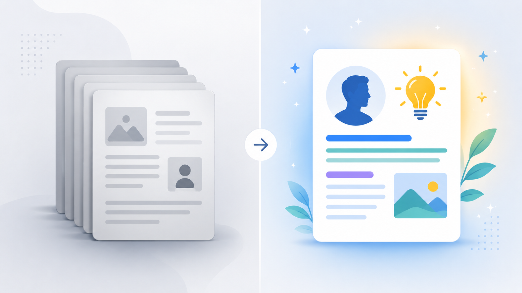 Side-by-side comparison illustration showing generic stock-style content on one side and unique first-person expert content on the other