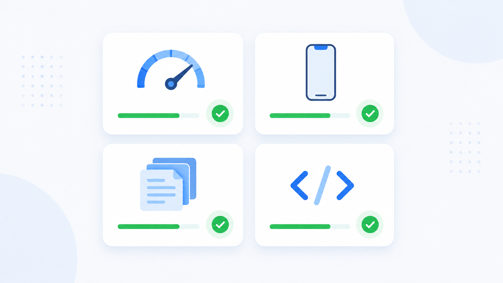 Clean dashboard mockup showing site speed, mobile readiness, sitemap status, and schema indicators all marked as healthy