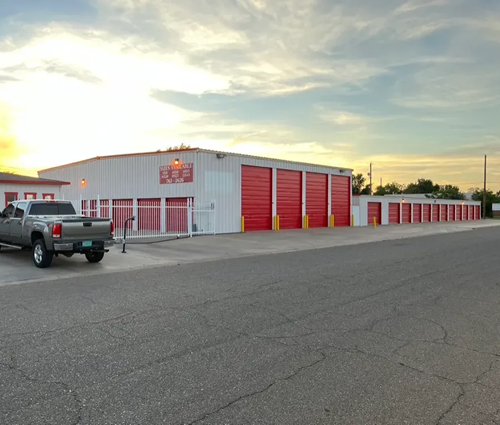 Customer friendly self-storage units with crisp red doors located at 3400 W. 7th St. in Clovis, NM.