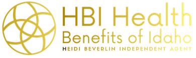 Gold logo for HBI Health Benefits of Idaho; gold globe, gold text on white background.
