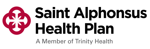 Saint Alphonsus Health Plan logo with a burgundy cross and text. "A Member of Trinity Health" below.