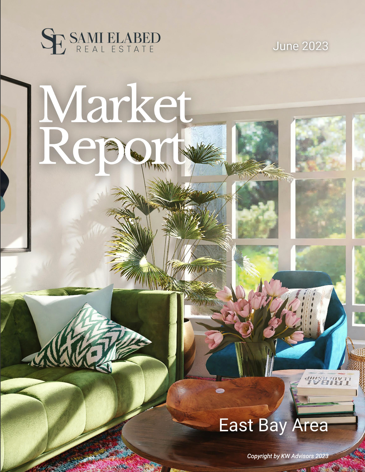 A living room with a green couch and a blue chair on the cover of a market report.