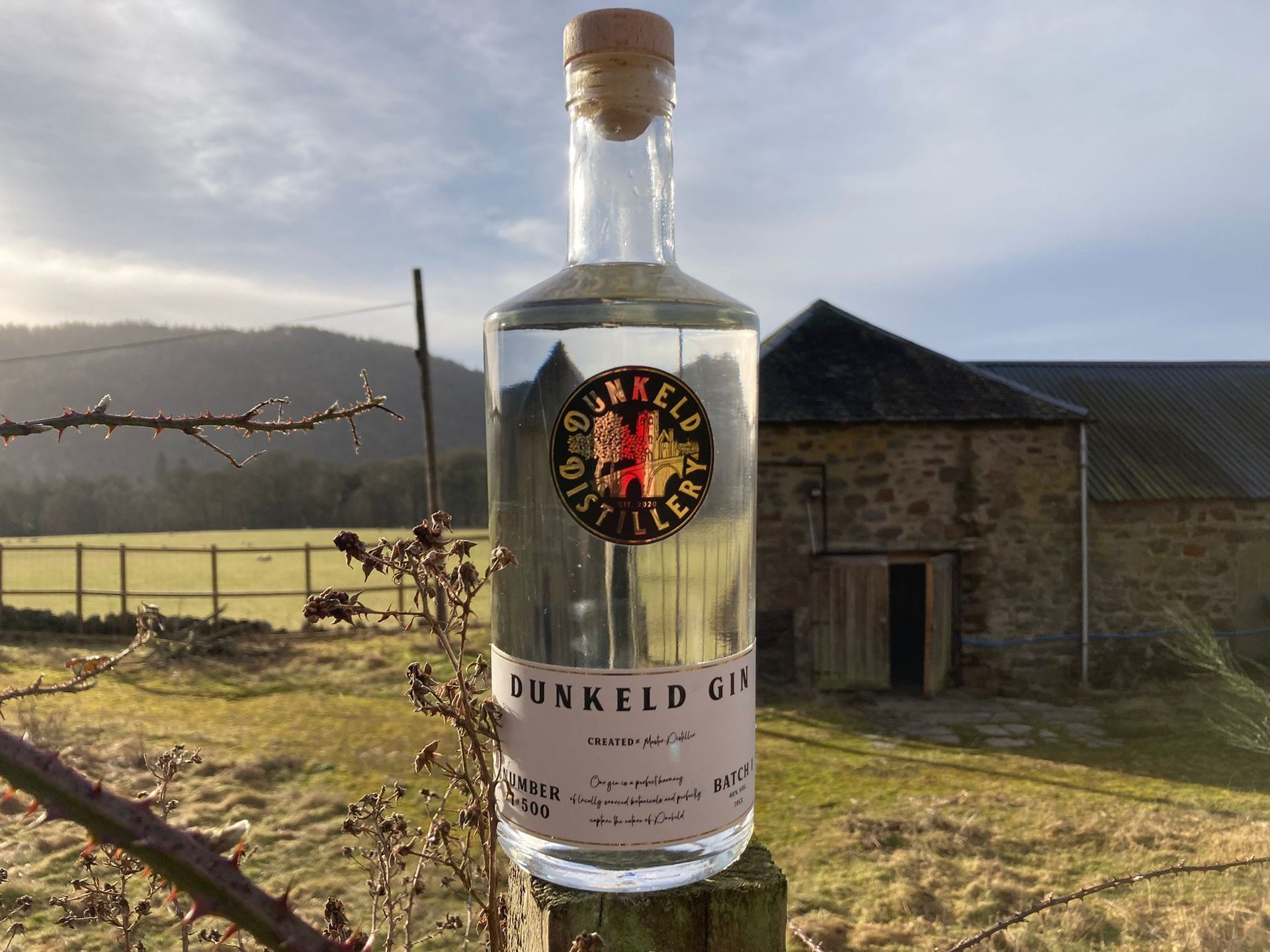 A bottle of Dunkeld gin is sitting on a mossy tree branch overlooking the distillery and fields in Perthshire Scotland