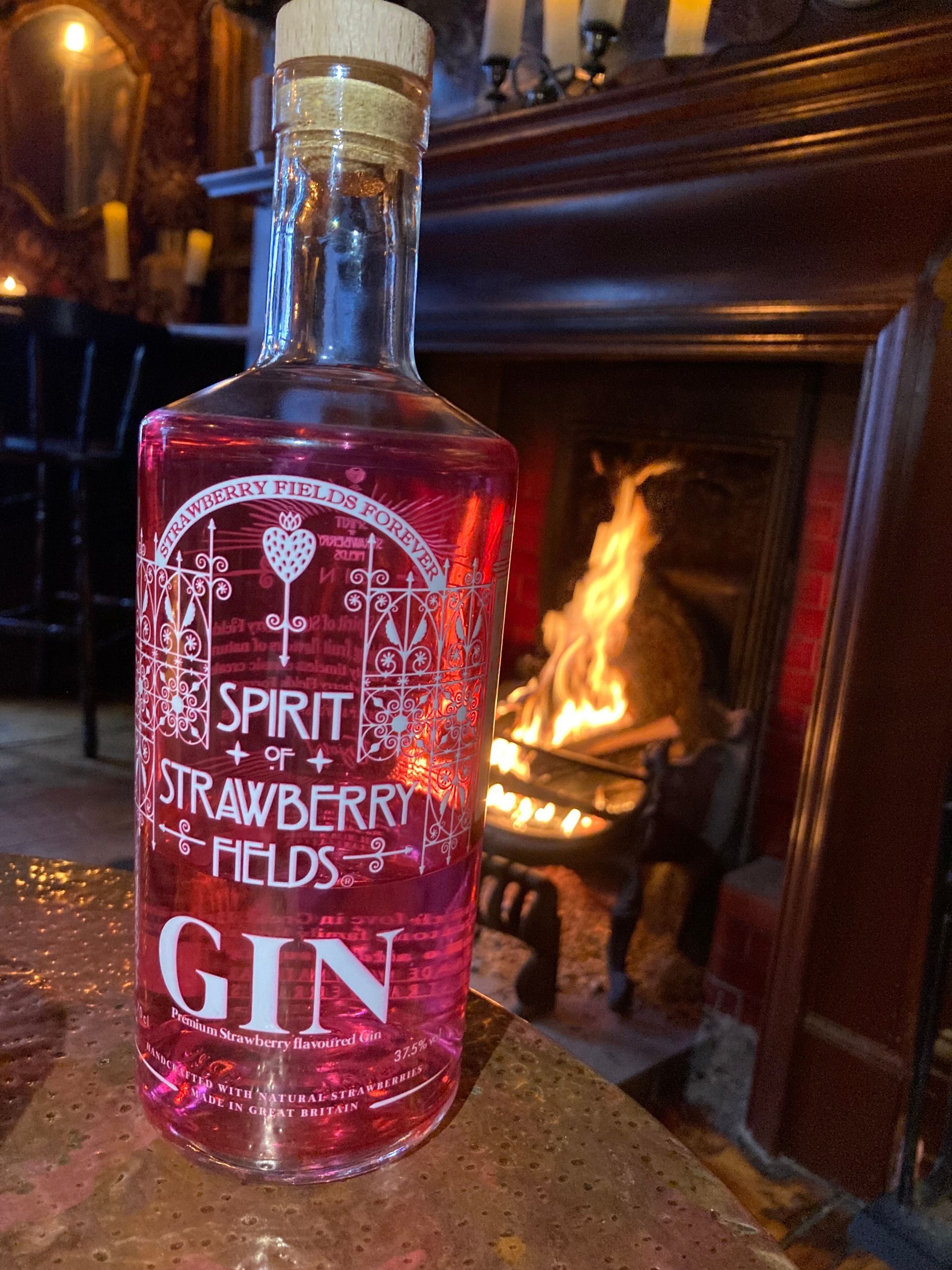 Strawberry Fields Gin bottle with a classic serve in a balloon gin glass with strawberries and tonic over ice