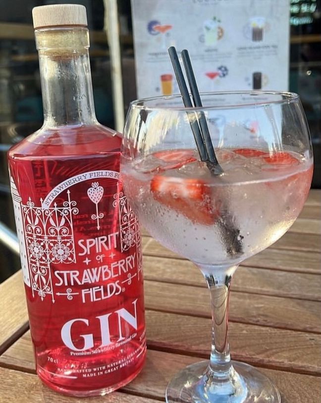 Strawberry Fields Gin bottle with a classic serve in a balloon gin glass with strawberries and tonic over ice