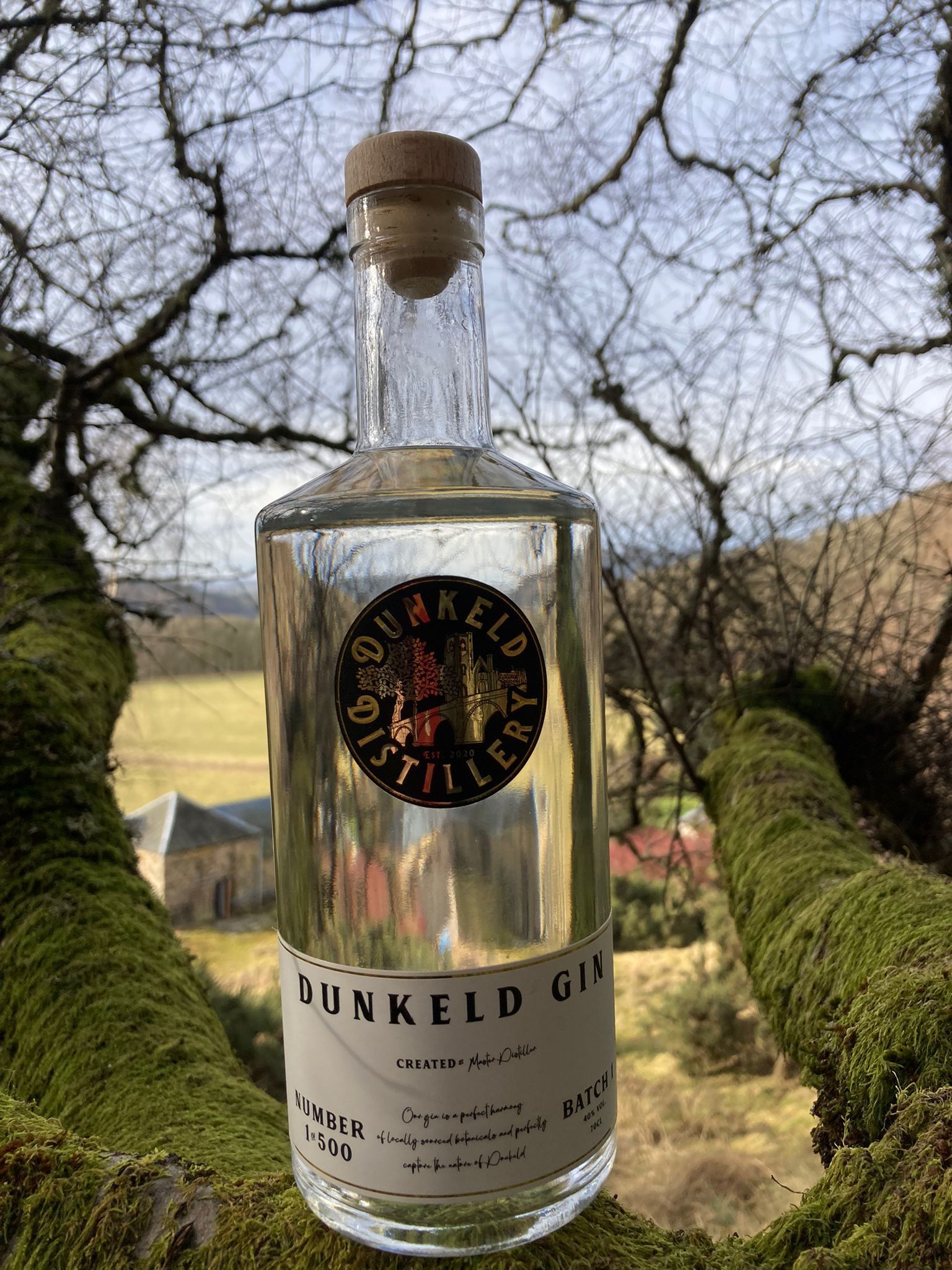 A bottle of Dunkeld gin is sitting on a mossy tree branch overlooking the distillery and fields in Perthshire Scotland