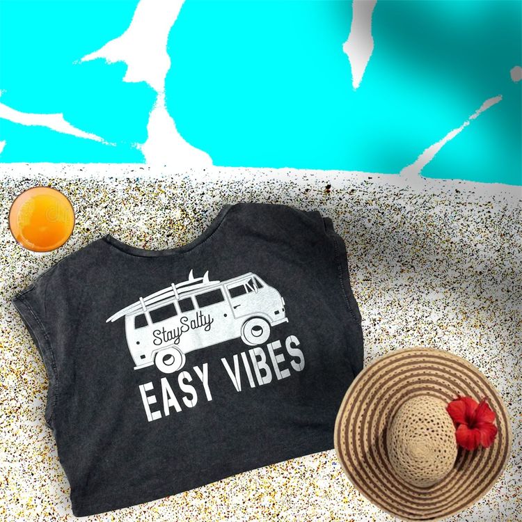 black shirt with white Easy Vibes logo and VW Van printed on the front