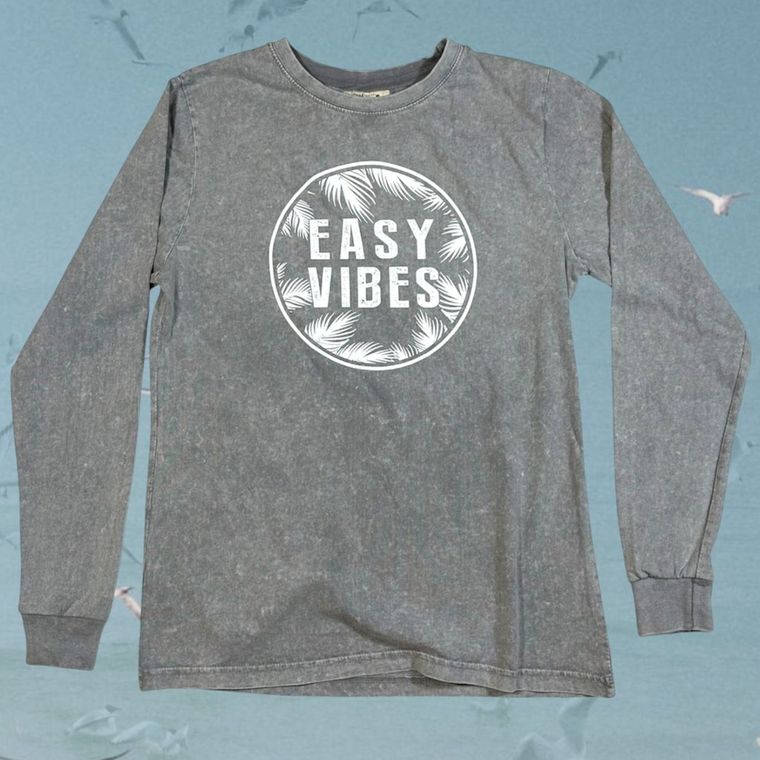 grey long sleeve shirt with large white Easy Vibes logo on the front