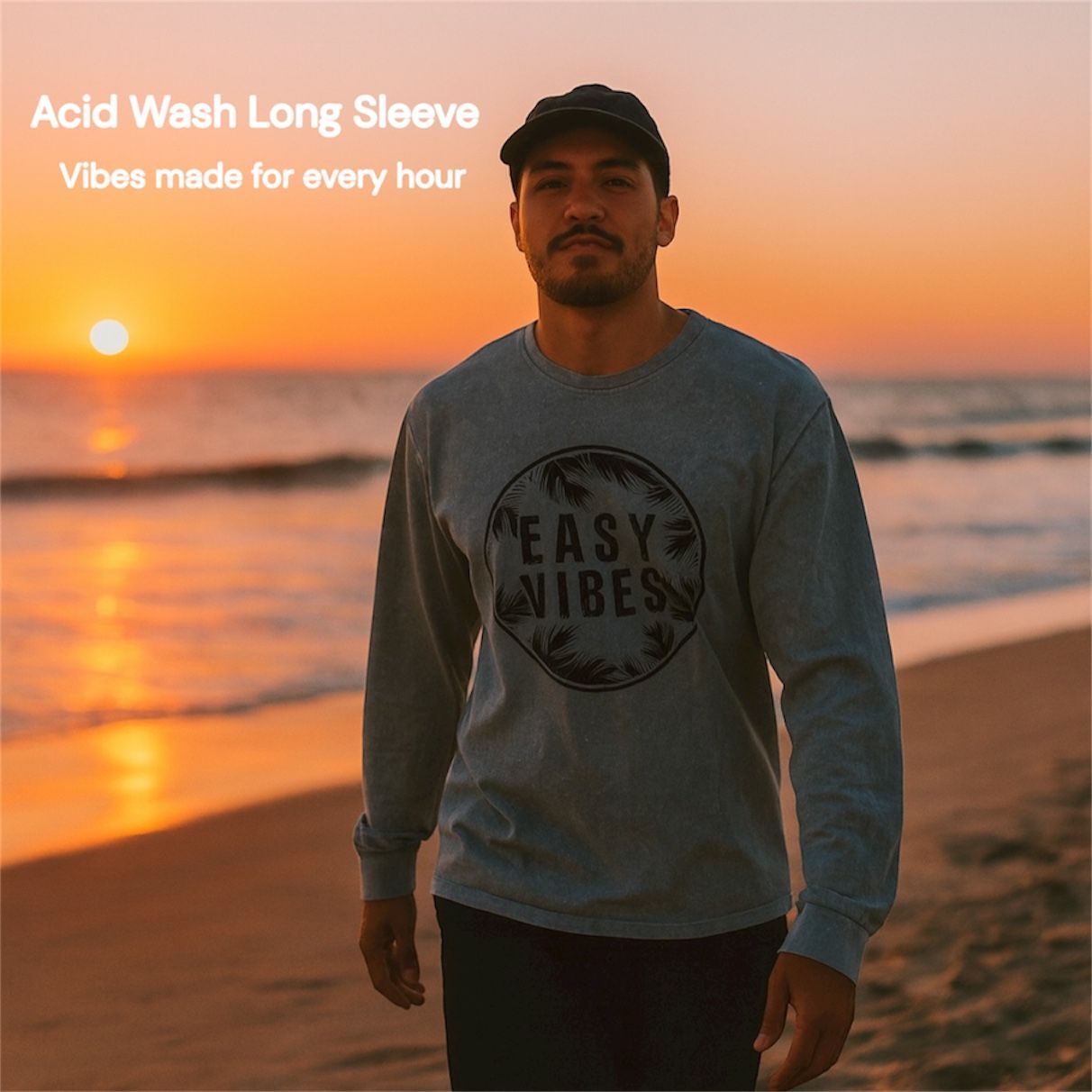 grey long sleeve shirt with large white Easy Vibes logo on the front