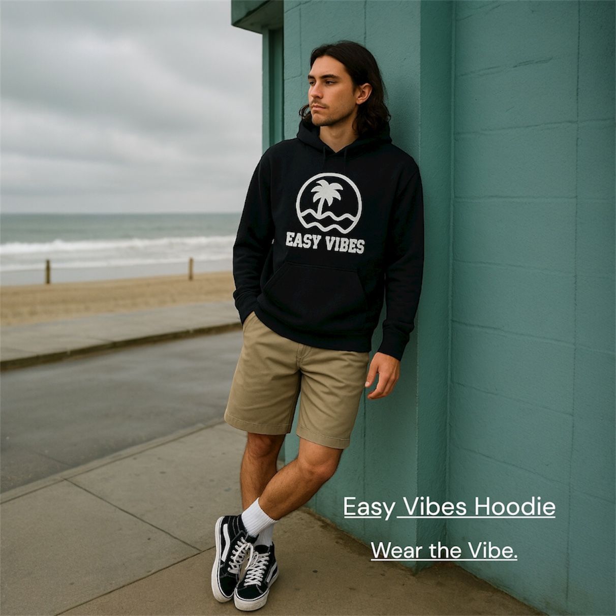 One Easy Vibes Hoodie, with words on chest