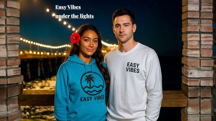 Two Models Male Femail wearing easy vibes hoodie and easy vibes crew neck sweater.