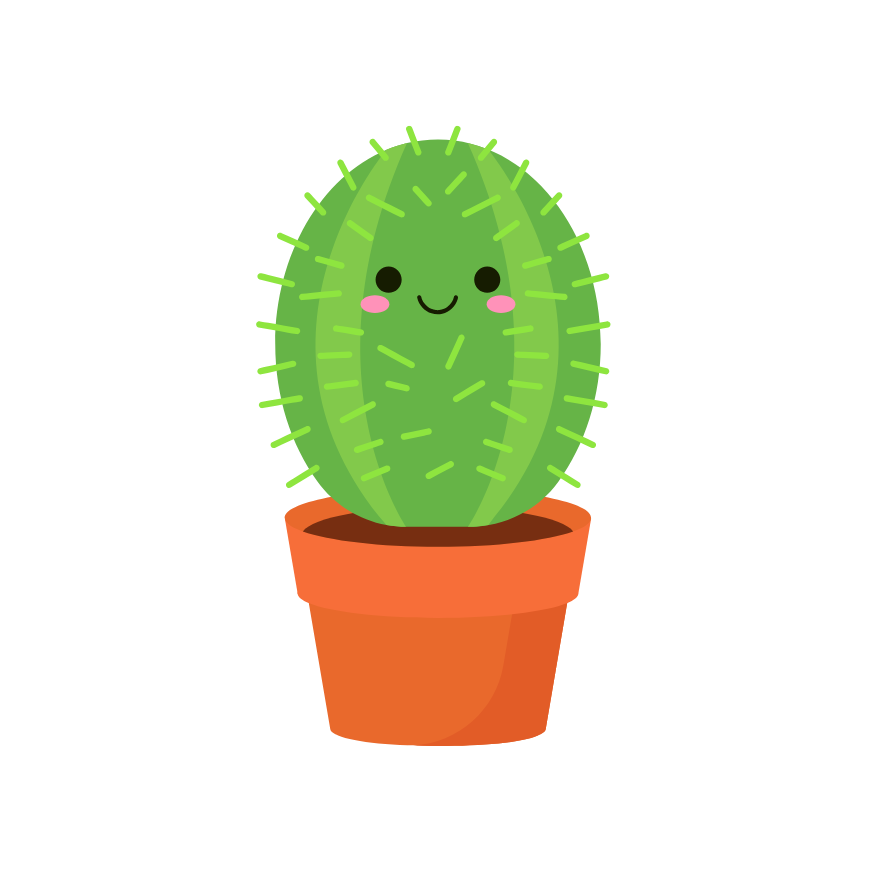 A cute cactus in a pot with a smiling face.