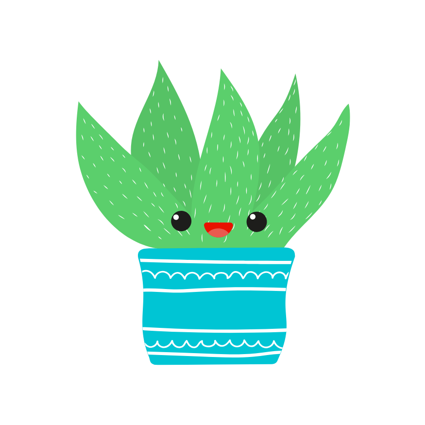 A cactus in a blue pot with a smiling face.