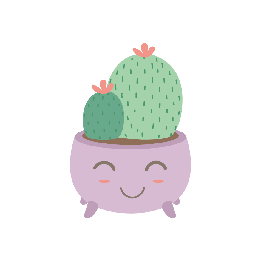 A cactus in a purple pot with a smiling face.