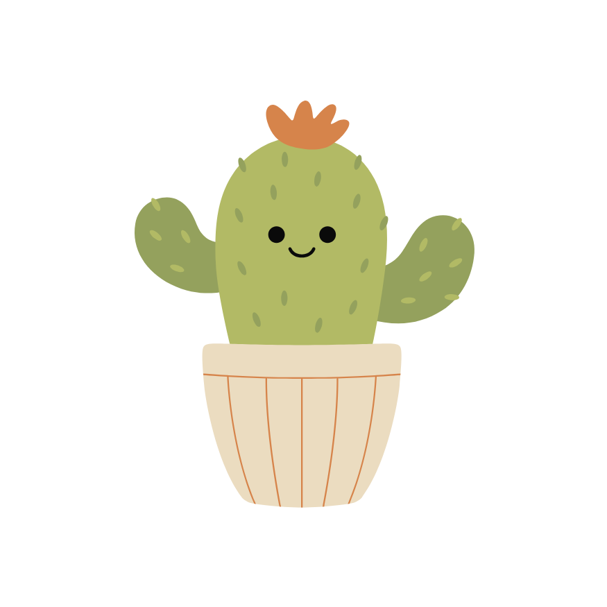 A cactus in a pot with a smiling face and a flower on top.