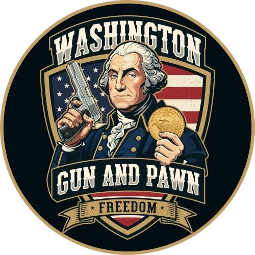 Washington holding a pistol and a gold coin, logo for "Washington Gun and Pawn," with the US flag.