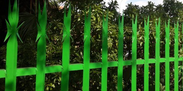 a green fence with spikes is surrounded by trees .