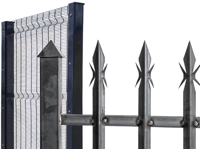 a close-up of a metal fence with spikes on it and a section of a De-Fence fence