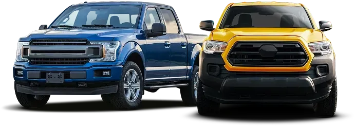 Blue truck and Yellow truck parked | Hayes Automotive