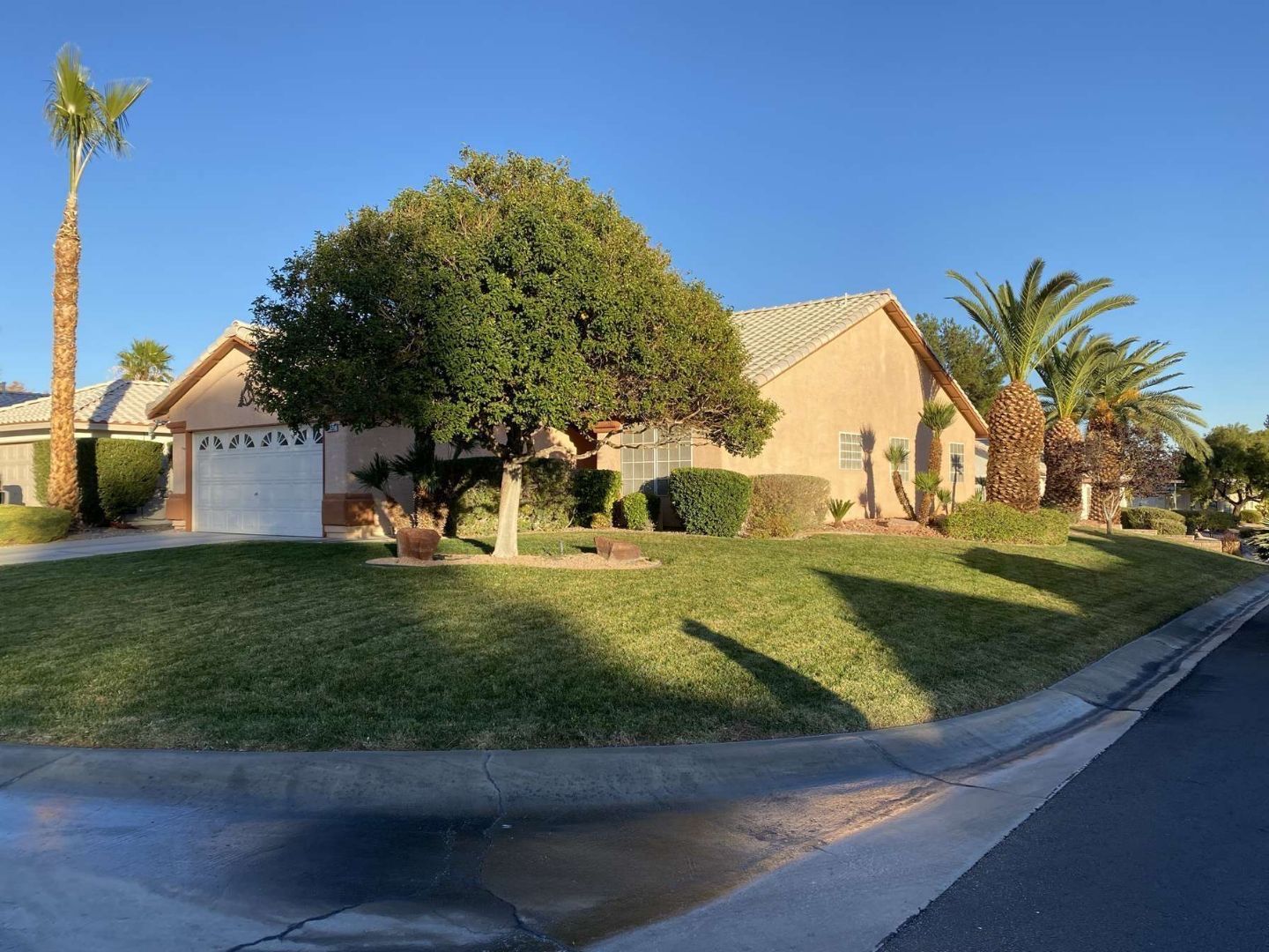 A beige house with a green lawn and palm trees on a sunny day. The house is on a street corner.