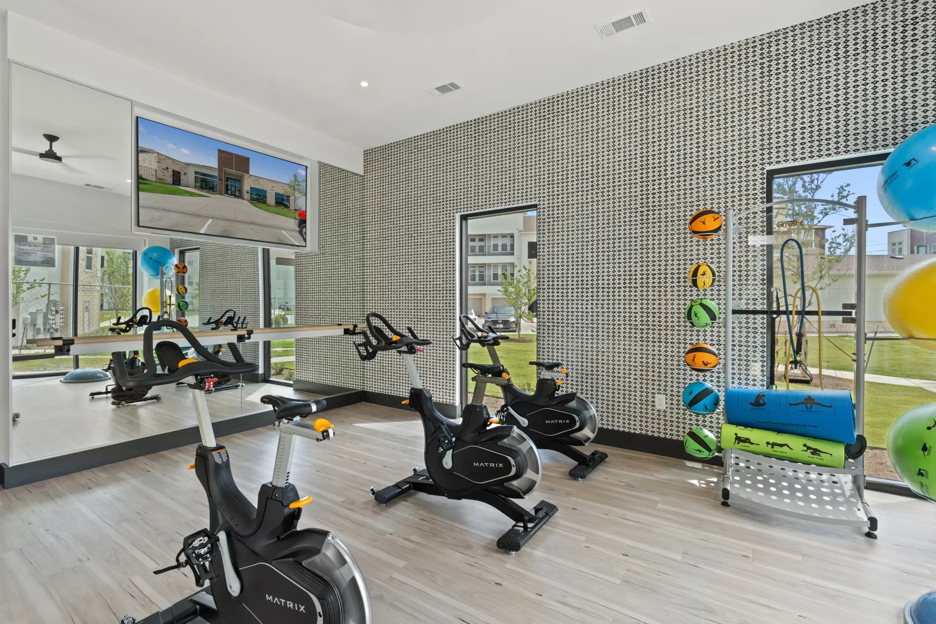 Bright apartment gym with cardio bikes, medicine balls, and large windows.