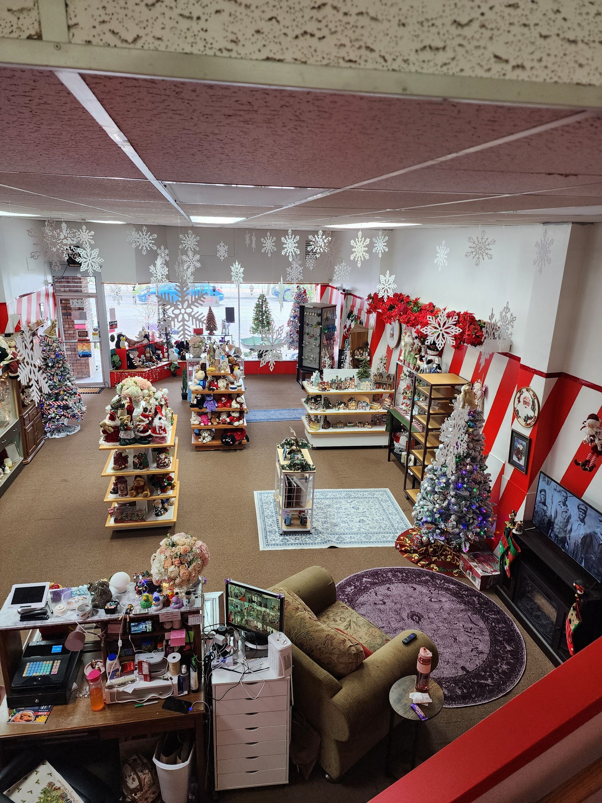 An aerial view of a store filled with lots of christmas decorations.