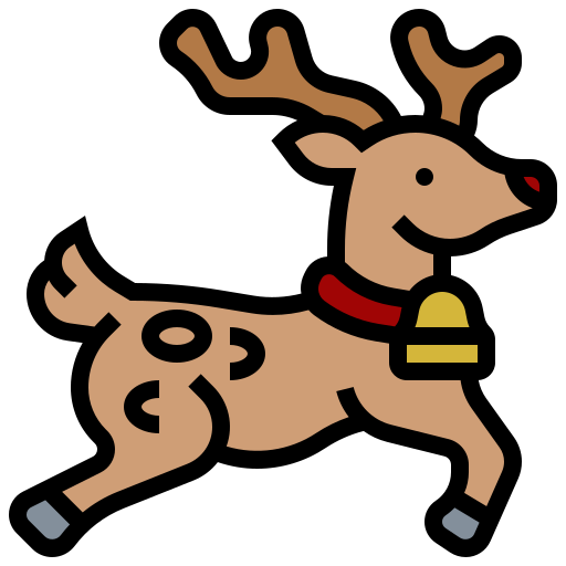 A cartoon drawing of a reindeer with a bell around its neck.