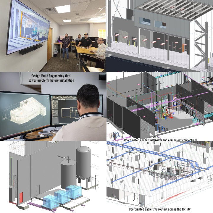 Collage of 3D engineering models, CAD screens, and a classroom presentation of building design simulations