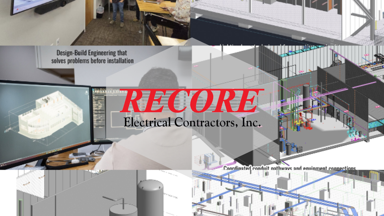 Collage of RECORE Electrical Contractors, Inc. project images with red logo centered on a gray banner
