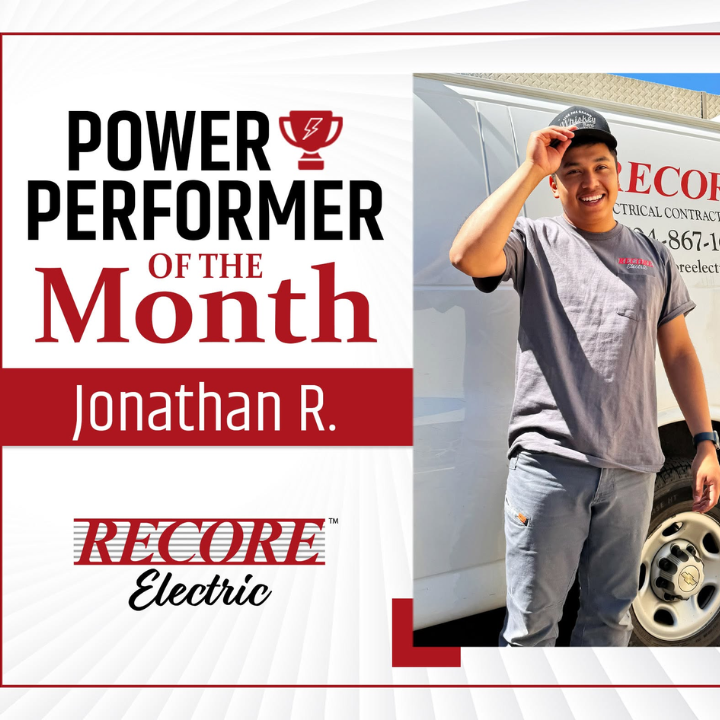 Power Performer of the Month poster for Jonathan R. at Recore Electric, with smiling worker beside truck