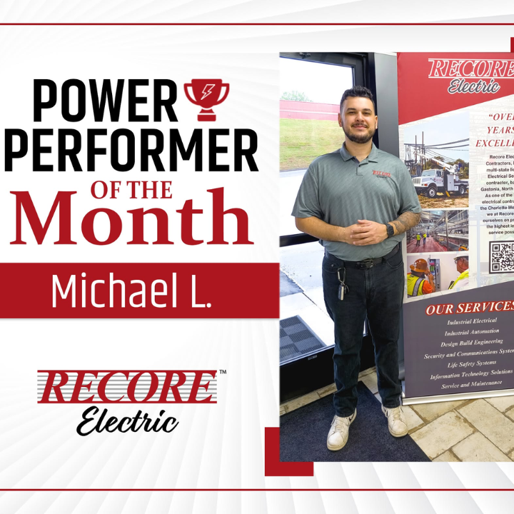 Power Performer of the Month poster featuring Michael L. beside a Recore Electric display