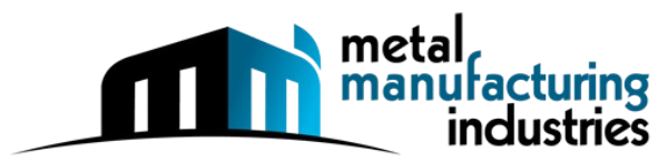 Metal manufacturing industries logo in black, blue, and gray text with stylized factory icon