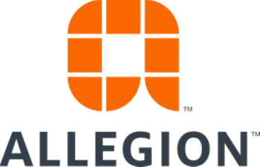 Allegion logo with orange geometric emblem above gray wordmark