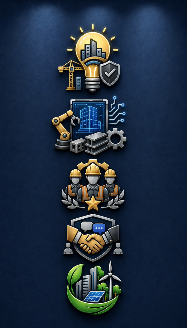 Vertical stack of five business icons: light bulb, blueprint, workers, handshake, and green city growth symbol.