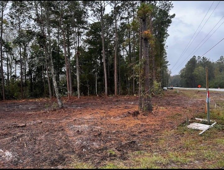 A dirt field with trees and power lines in the background