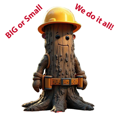 A tree stump wearing a hard hat and holding a pair of binoculars
