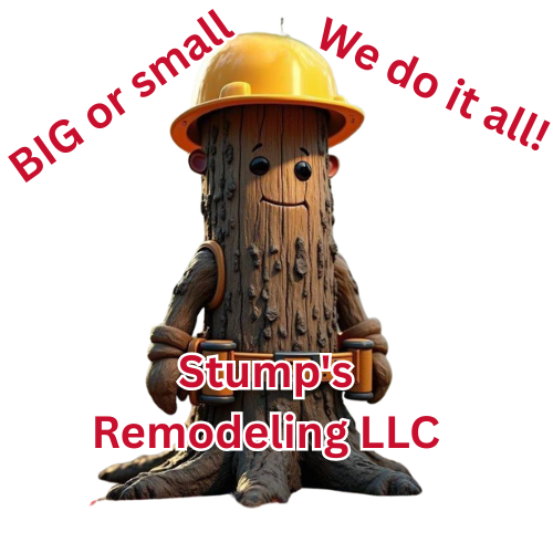 A tree stump wearing a hard hat and belt says we do it all