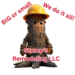 A tree stump wearing a hard hat and belt says we do it all