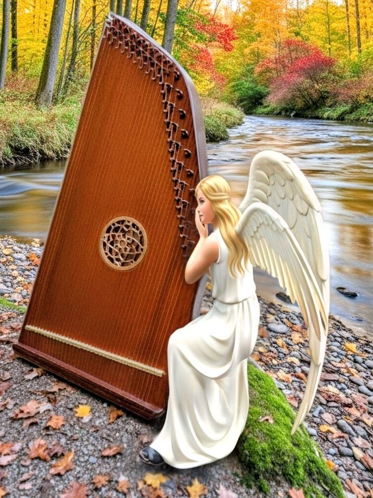 Angel by large wooden dulcimer near stream with fall foliage.