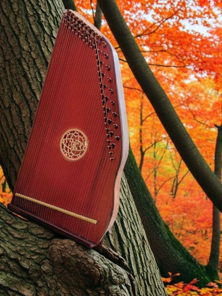 Autoharp resting on a tree branch; fall foliage in the background.