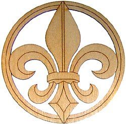 A wooden fleur de lis in a circle on a white background