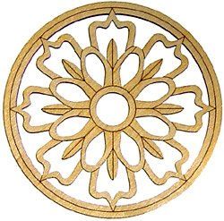 A wooden circular pattern with a flower in the center on a white background.