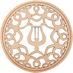 A wooden circle with a lyre in the center on a white background.