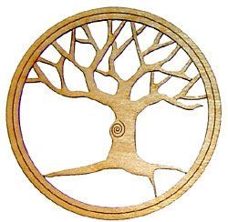 A wooden tree in a circle on a white background.