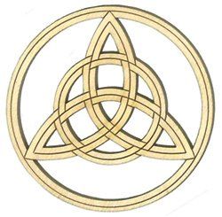 A wooden celtic knot in a circle on a white background.