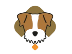 Logotipo: Cabeza de perro con pelaje marrón y blanco, fondo verde oliva, 
